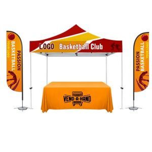 10' x 10' Commercial Grade Steel Frame, Dye Sub Canopy, 11ft Featherflag, & 6 ft table throw